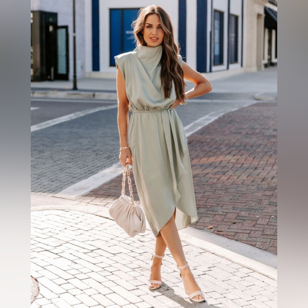 Vici Satin Cowl Neck MIDI Dress Sage Color